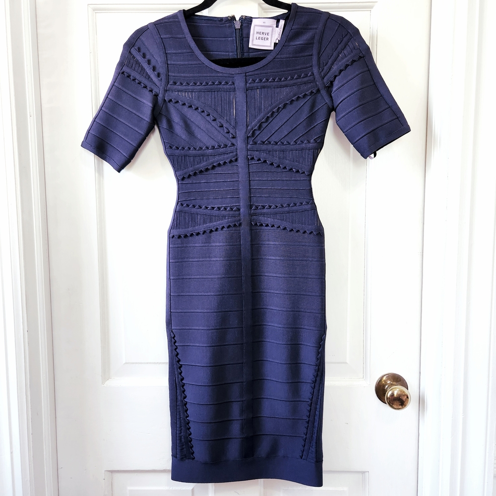Herve Leger "Dania" Navy Blue Bodycon Bandage Dress